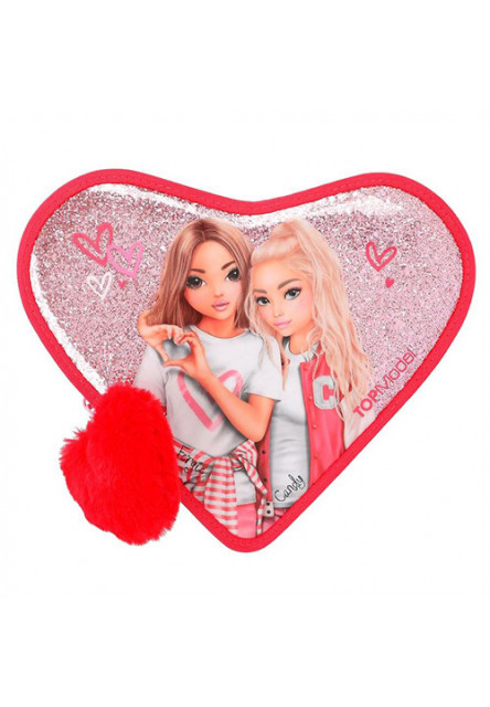 Penál ve tvaru srdce, růžový, se vzorem srdcí a flitry, Fergie + Candy Top Model
